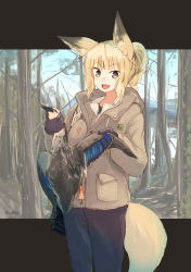Rule 34 | 1girl, :d, animal ears, batta (kanzume quality), blonde hair, blue pants, dead animal, fox ears, fox girl, gloves, green eyes, grey gloves, holding, jacket, looking at viewer, open mouth, original, pants, pocket, ponytail, shirt, smile, solo, standing, white shirt