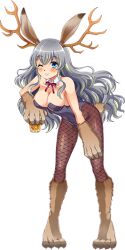 Rule 34 | 1girl, alcohol, animal hands, animal nose, antlers, artist request, bare shoulders, black leotard, blue eyes, blush, bow, bowtie, breasts, brown pantyhose, cleavage, cup, detached collar, fishnet pantyhose, fishnets, full body, game cg, grey hair, hair between eyes, holding, holding cup, horns, jackalope girl, kalolo (monster musume), large breasts, leotard, long hair, looking at viewer, monster girl, monster musume no iru nichijou, monster musume no iru nichijou online, official art, one eye closed, pantyhose, playboy bunny, rabbit girl, rabbit paws, rabbit tail, red bow, red bowtie, solo, tachi-e, tail, whiskey