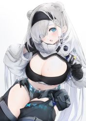 Rule 34 | 1girl, animal ears, arknights, aurora (arknights), bandeau, bear ears, black bandeau, black gloves, black hairband, blue eyes, blush, breasts, cleavage, clothing cutout, cowboy shot, cropped jacket, extra ears, eyes visible through hair, gloves, grey hair, hair ornament, hair over one eye, hairband, hairclip, hands up, infection monitor (arknights), jacket, large breasts, long sleeves, looking at viewer, midriff, navel, open mouth, pouch, simple background, sitting, solo, thigh cutout, thigh strap, thighs, white background, white jacket, yup (amama pe)