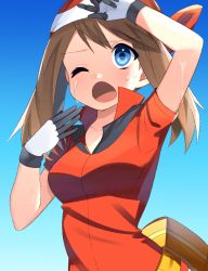Rule 34 | 1girl, aliasing, arm up, bandana, blue background, blue eyes, blue sky, breasts, brown hair, collarbone, creatures (company), game freak, gloves, gradient background, gradient sky, highres, jacket, long hair, may (pokemon), medium breasts, nintendo, one eye closed, pokemon, pokemon rse, red bandana, red jacket, short sleeves, sky, solo, sweat, twintails, upper body, yuihico
