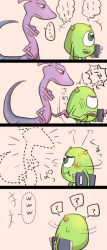 Rule 34 | ..., 2boys, 4koma, ?, ^^^, ass, ass grab, bad id, bad pixiv id, blue eyes, blush, book, comic, crossed arms, extra arms, fangs, green eyes, horns, invisible, lizard tail, male focus, mike wazowski, molestation, monsters inc., multiple boys, nagatobi, no humans, one-eyed, pout, randall boggs, sharp teeth, simple background, slit pupils, spoken ellipsis, spoken question mark, tail, teeth, yaoi
