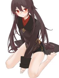 Rule 34 | 1girl, absurdres, bare legs, barefoot, between legs, black shorts, blush, brown hair, brown jacket, closed mouth, genshin impact, hair between eyes, hand between legs, highres, hu tao (genshin impact), jacket, kinkeaw, long hair, long sleeves, looking at viewer, red eyes, red shirt, shirt, short shorts, shorts, simple background, sitting, smile, soles, solo, twintails, very long hair, wariza, white background