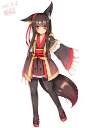 Rule 34 | 1girl, animal ears, artist name, black pantyhose, blush, brown hair, commentary request, dated, eyes visible through hair, fox ears, fox tail, frilled sleeves, frills, full body, highres, hood, hood down, japanese clothes, long hair, minaha (playjoe2005), obi, original, pantyhose, red eyes, sandals, sash, sidelocks, simple background, sleeves past wrists, smile, solo, tail, tamani wakashi, white background, wide sleeves
