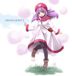 Rule 34 | 1girl, breasts, capelet, commentary request, dragon quest, dragon quest ii, dress, full body, hood, hood up, long hair, long sleeves, looking at viewer, pantyhose, princess, princess of moonbrook, purple eyes, purple hair, robe, solo, standing, u-zone, white dress, white robe
