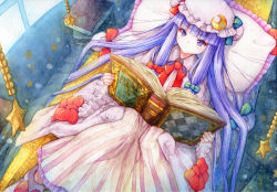 Rule 34 | 1girl, argyle, blunt bangs, book, boots, commentary request, crescent, crescent hat ornament, dress, feet out of frame, hat, hat ornament, holding, holding book, indoors, knees together feet apart, long hair, mob cap, naru din, on bed, open book, painting (medium), patchouli knowledge, pillow, pink hat, purple eyes, purple hair, reading, solo, star (symbol), striped clothes, striped dress, touhou, traditional media, vertical-striped clothes, vertical-striped dress, very long hair, watercolor (medium), window