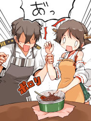 Rule 34 | 0 0, 10s, 1boy, 1girl, ^^^, admiral (kancolle), afterimage, arm grab, bare shoulders, blush, bowl, brown hair, chocolate, cooking, detached sleeves, emphasis lines, english text, flying sweatdrops, hairband, hiei (kancolle), kanoe soushi, kantai collection, military, military uniform, milk carton, motion lines, nontraditional miko, open mouth, plaid, plaid skirt, pleated skirt, puka puka, ribbon-trimmed sleeves, ribbon trim, shaded face, short hair, skirt, standing, sweatdrop, translation request, trembling, uniform, waving, white background