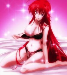 Rule 34 | 10s, 1girl, bed, black bra, black lingerie, black panties, bra, breasts, cleavage, collarbone, covered erect nipples, high school dxd, highres, hip focus, knees, large breasts, legs, lingerie, long hair, midriff, navel, nipples, open mouth, panties, red hair, rias gremory, smile, solo, stitched, teeth, third-party edit, tongue, underwear, undressing