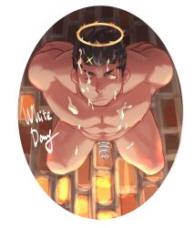 Rule 34 | 1boy, :/, abs, bara, black hair, border, chastity cage, cum, cum on body, cum on male, cum on pectorals, facial, fire, flaming halo, from above, halo, highres, implied yaoi, kneeling, large pectorals, looking at viewer, male focus, mature male, muscular, muscular male, nipples, one eye closed, pectorals, ragi san (ononokomachiimo), short hair, solo, thick eyebrows, thighs, tokyo houkago summoners, white border, white day, zabaniyya (housamo)