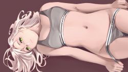 Rule 34 | 1girl, absurdres, antenna hair, bra, breasts, green eyes, grey bra, grey hair, grey panties, head tilt, highres, kantai collection, kinugasa (kancolle), looking at viewer, lying, navel, ojipon, on back, panties, panty pull, pulling own clothes, red background, short hair, sideways, simple background, small breasts, solo, underwear, underwear only