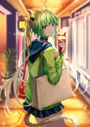 Rule 34 | 1girl, animal ear fluff, animal ears, atalanta (fate), bag, black choker, blonde hair, blue skirt, blurry, blurry background, choker, closed mouth, commentary, commission, cowboy shot, fate/apocrypha, fate (series), food, from behind, gradient hair, green eyes, green hair, green jacket, grocery bag, handbag, highres, holding, holding food, hood, hooded jacket, indoors, jacket, kaze minoru so-ru, lion ears, lion girl, lion tail, long hair, long sleeves, looking at viewer, looking back, miniskirt, multicolored hair, pleated skirt, shopping bag, skirt, smile, solo, tail, twintails, two-tone hair