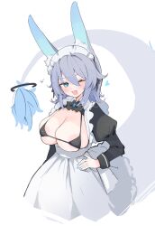 Rule 34 | 1girl, ;d, animal ear fluff, animal ears, areola slip, bikini, blue eyes, blue nails, copyright request, fingernails, grey hair, highres, long sleeves, looking at viewer, maid, maid bikini, maid headdress, mikozin, nail polish, one eye closed, open mouth, puffy long sleeves, puffy sleeves, short hair, smile, solo, swimsuit, tail, unconventional maid
