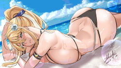 Rule 34 | 1girl, absurdres, ahoge, artoria pendragon (fate), artoria pendragon (lancer) (fate), ass, bare shoulders, beach, bikini, blonde hair, blue eyes, blue sky, breasts, butt crack, fate/grand order, fate (series), hair between eyes, high ponytail, highres, large breasts, long hair, looking at viewer, lying, on stomach, parted lips, shiki (love-saber), shore, sidelocks, sky, smile, solo, swimsuit, wet