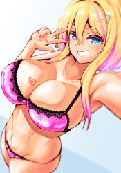Rule 34 | + +, 1girl, absurdres, armpits, azur lane, bare shoulders, blonde hair, blue background, blue eyes, blurry, blush, bra, breast tattoo, breasts, cleavage, collarbone, commentary request, cowboy shot, depth of field, dutch angle, fang, grin, groin, gyaru, hair between eyes, hair ornament, hairclip, hands up, highres, large breasts, looking at viewer, marblehead (azur lane), midriff, multicolored hair, nail polish, navel, navel piercing, panties, piercing, pink bra, pink hair, pink nails, pink panties, selfie, short hair with long locks, sidelocks, smile, solo, standing, tattoo, two-tone background, two-tone hair, underwear, underwear only, ushimittsu, v