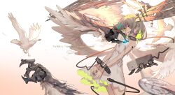 Rule 34 | 1girl, angel, angel wings, bird, blonde hair, bound, bound wrists, cable, cable tail, chest jewel, coin, collar, colored inner hair, commission, dress, english text, feathered wings, gears, green hair, halo, highres, mechanical hands, mechanical tail, multicolored hair, multiple wings, original, pigeon, prosthetic wing, signature, skeb commission, solo, stocks, tail, two-tone hair, white dress, wings, yellow eyes, zenmaibook