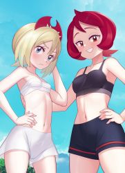 Rule 34 | 2girls, absurdres, alternate costume, arezu (pokemon), bare arms, black shorts, blonde hair, blue eyes, blush, breasts, closed mouth, collarbone, commentary request, cowlick, creatures (company), day, eyelashes, from below, frown, game freak, gazing eye, grin, hair between eyes, hairband, hand on own hip, hand up, highres, irida (pokemon), looking at viewer, midriff, multiple girls, navel, nintendo, outdoors, pokemon, pokemon legends: arceus, red hair, red hairband, shorts, sky, smile, teeth, white shorts