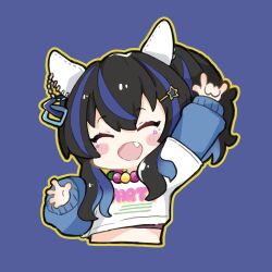 Rule 34 | 1girl, :d, \m/, ^ ^, animal ears, arm up, black hair, blue background, blue hair, blush stickers, closed eyes, commentary request, cropped torso, daitaku helios (umamusume), facial mark, facing viewer, hair between eyes, hair ornament, hairclip, highres, horse ears, layered sleeves, long sleeves, multicolored hair, nozo (hitomiz), one side up, open mouth, outline, puffy long sleeves, puffy sleeves, shirt, short over long sleeves, short sleeves, simple background, smile, solo, star (symbol), star hair ornament, streaked hair, umamusume, upper body, white shirt, yellow outline