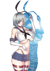 Rule 34 | 1girl, :o, bare shoulders, blaccura, blue eyes, blush, bow, breasts, cosplay, crop top, curvy, elbow gloves, gloves, hair bow, hair ornament, hair over one eye, hairclip, hamakaze (kancolle), highres, huge breasts, kantai collection, large breasts, looking at viewer, microskirt, navel, open mouth, parted lips, shadow, shimakaze (kancolle), shimakaze (kancolle) (cosplay), silver hair, simple background, skindentation, skirt, solo, standing, thick thighs, thighs, thong, underboob, white background, white gloves