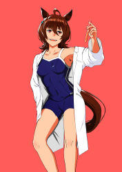 Rule 34 | 1girl, absurdres, agnes tachyon (umamusume), ahoge, animal ears, armpits, blue one-piece swimsuit, bluetec3h, breasts, chemical structure, coat, collarbone, commentary request, competition school swimsuit, earrings, feet out of frame, hair between eyes, hand in pocket, highres, holding, holding test tube, horse ears, horse girl, horse tail, jewelry, lab coat, long sleeves, medium breasts, messy hair, one-piece swimsuit, open clothes, open coat, open mouth, red background, red eyes, school swimsuit, school uniform, short hair, single earring, smile, solo, swimsuit, swimsuit under clothes, tail, teeth, test tube, tracen swimsuit, umamusume, upper teeth only, white coat