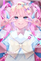 Rule 34 | 1girl, :q, blonde hair, blue bow, blue eyes, blue hair, blue nails, blue shirt, bow, chouzetsusaikawa tenshi-chan, closed mouth, collarbone, commentary request, double v, artistic error, hair bow, hands up, highres, long sleeves, looking at viewer, applying manicure, multicolored hair, multicolored nails, nail polish, needy girl overdose, pink bow, pink hair, pink nails, purple bow, quad tails, sailor collar, school uniform, serafuku, shirt, smile, solo, star (symbol), straight-on, suhyo (vrsw4322), tongue, tongue out, v