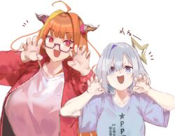 Rule 34 | 2girls, absurdres, ahoge, alternate costume, amane kanata, angel, blonde hair, blue hair, blue shirt, blunt bangs, breasts, claw pose, collarbone, colored inner hair, commentary request, dokuro deluxe, dragon girl, dragon horns, fang, glasses, hair between eyes, halo, hands up, highres, hololive, horns, jacket, kiryu coco, long hair, long sleeves, looking at viewer, multicolored hair, multiple girls, open clothes, open jacket, open mouth, orange hair, pointy ears, pp tenshi t-shirt, print shirt, red eyes, red jacket, semi-rimless eyewear, shirt, short hair, short sleeves, sidelocks, silver hair, simple background, single hair intake, skin fang, slit pupils, star (symbol), star halo, star print, streaked hair, t-shirt, under-rim eyewear, upper body, virtual youtuber, white background, white shirt, wide sleeves