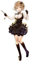 Rule 34 | 1girl, black bow, black footwear, black gloves, black skirt, black socks, blonde hair, blush, bow, breasts, brown eyes, corset, full body, gloves, hair bow, hands up, high-waist skirt, highres, holding, holding knife, kim eb, kneehighs, knife, layered skirt, loafers, looking at viewer, medium breasts, open mouth, original, ribbed legwear, shoes, short hair, skirt, smile, socks, solo, standing, transparent background