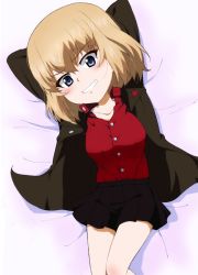 Rule 34 | 1girl, arms behind head, arms up, bed sheet, black skirt, blonde hair, blue eyes, bob cut, commentary, from above, girls und panzer, green jacket, grin, hairband, head tilt, insignia, jacket, katyusha (girls und panzer), kayabakoro, long sleeves, looking at viewer, lying, miniskirt, on back, on bed, open clothes, open jacket, pleated skirt, pravda school uniform, red shirt, school uniform, shirt, short hair, skirt, smile, solo, turtleneck