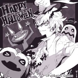 1boy 2others artist_name ascot cat closed_mouth commentary_request copyright_notice da-kuro fangs ghost_costume halloween_costume happy_halloween hat jack-o&#039;-lantern_head looking_at_viewer magnus_(ta_ga_tame_no_alchemist) monochrome multiple_others official_alternate_costume official_art patterned_background second-party_source simple_background sitting skin_fangs smile ta_ga_tame_no_alchemist