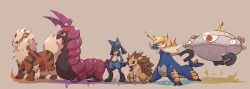Rule 34 | arcanine, black eyes, bright pupils, claws, closed mouth, commentary request, creatures (company), from side, game freak, gen 1 pokemon, gen 4 pokemon, gen 5 pokemon, highres, himurohiromu, horns, lucario, magnet, magnezone, nintendo, pokemon, pokemon (creature), red eyes, red pupils, samurott, sandslash, scolipede, standing, white pupils, yellow eyes