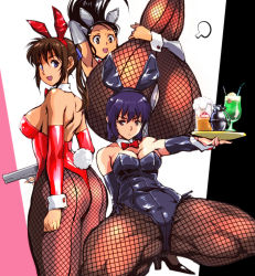Rule 34 | 3girls, animal ears, arm behind head, armpits, ass, bare shoulders, black hair, black leotard, blue eyes, blue haired girl (kamisimo 90), bow, bowtie, breasts, brown eyes, brown hair, bunny day, cleavage, commentary request, cup, detached collar, detached sleeves, drinking glass, explosive, fake animal ears, falling, fishnet legwear, fishnets, grenade, groin, gun, hair ornament, hairclip, handgun, high heels, kamisimo 90, leotard, looking at viewer, looking back, multiple girls, open mouth, original, pantyhose, pistol, playboy bunny, ponytail, ponytail girl (kamisimo 90), purple eyes, purple hair, rabbit ears, rabbit tail, red leotard, side-tie leotard, sidelocks, smile, soda, spread legs, squatting, strapless, strapless leotard, tail, tan, tanned girl (kamisimo 90), tray, weapon, white leotard, wrist cuffs