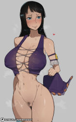 Rule 34 | 1girl, blush, bob (bobtheneet), bottomless, breasts, censored, highres, large breasts, long hair, nico robin, one piece, solo