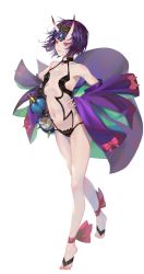 Rule 34 | 1girl, ankle ribbon, blunt bangs, bob cut, breasts, fang, fate/grand order, fate (series), full body, hand on own hip, highres, horns, leg ribbon, looking away, meijin93, navel, purple eyes, purple hair, revealing clothes, ribbon, short hair, shuten douji (fate), shuten douji (first ascension) (fate), small breasts, smile, solo, white background