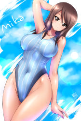 Rule 34 | 1girl, arm up, blue one-piece swimsuit, blush, breasts, brown eyes, brown hair, competition swimsuit, covered navel, girls und panzer, highleg, highleg swimsuit, highres, kamogawa tanuki, legs together, long hair, medium breasts, mika (girls und panzer), no headwear, one-piece swimsuit, shiny clothes, shiny skin, smile, solo, standing, swimsuit