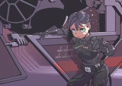 Rule 34 | 1girl, animification, asymmetrical hair, black gloves, black hair, commentary, english commentary, gloves, green eyes, highres, insignia, interceptor, jarv, looking at viewer, pilot suit, scar, smile, solo, spacecraft, star (sky), star wars, suspenders hanging, tie interceptor, undercut