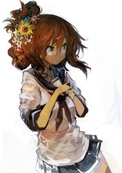 Rule 34 | 1girl, absurdres, alternate hairstyle, black skirt, brown hair, commentary, cowboy shot, curly hair, flower, hair between eyes, hair flower, hair ornament, hairclip, hands on own chest, highres, inazuma (kancolle), kaamin (mariarose753), kantai collection, looking to the side, pleated skirt, ringlets, school uniform, serafuku, shirt, short sleeves, skirt, solo, standing, star (symbol), sunflower, sunflower hair ornament, white background, white shirt, yellow eyes
