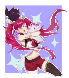 Rule 34 | 1girl, absurdres, alternate costume, alternate hair color, alternate hairstyle, bare shoulders, belt, black gloves, black thighhighs, bow, elbow gloves, fingerless gloves, gloves, hair ornament, highres, jinx (league of legends), league of legends, lipstick, long hair, magical girl, makeup, one eye closed, red bow, red eyes, red hair, red lips, red neckwear, short shorts, shorts, solo, standing, star guardian (league of legends), star guardian jinx, thighhighs, twintails, very long hair, wink