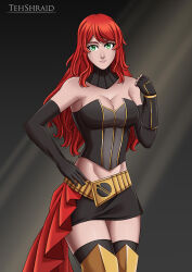 Rule 34 | 1girl, alternate costume, alternate hairstyle, armor, artist name, belt, boots, bracer, breasts, cleavage, elbow gloves, fingerless gloves, gloves, green eyes, highres, large breasts, long hair, looking at viewer, miniskirt, prototype design, pyrrha nikos, red hair, rwby, sash, skirt, solo, tehshraid, thigh boots, thighhighs, zettai ryouiki