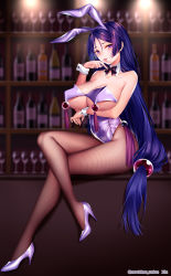 Rule 34 | 1girl, animal ears, arm under breasts, bar (place), beads, blurry, blurry background, blush, bow, bowtie, breast hold, breasts, champagne bottle, crossed legs, cup, detached collar, drinking glass, fake animal ears, fate/grand order, fate (series), fishnet pantyhose, fishnets, hair between eyes, high heels, highres, large breasts, legs, leotard, licking, licking finger, long hair, looking at viewer, low-tied long hair, minamoto no raikou (fate), obiwan, pantyhose, parted bangs, playboy bunny, purple eyes, purple hair, purple leotard, purple pantyhose, rabbit ears, rabbit girl, sitting, smile, solo, tassel, thighs, tongue, tongue out, underboob, very long hair, wrist cuffs