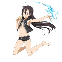 Rule 34 | 10s, 1boy, :q, androgynous, artist request, bad link, barefoot, black eyes, black hair, black male swimwear, black swim trunks, floating hair, food, full body, groin, highres, holding, ice cream, ice cream cone, kirito, kirito (sao-ggo), kneeling, long hair, looking at viewer, male focus, male swimwear, navel, outstretched arm, simple background, smile, solo, swim trunks, swimsuit, sword art online, tongue, tongue out, trap, very long hair, water, white background