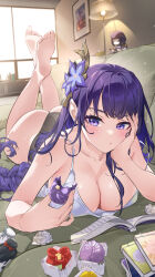 Rule 34 | 1girl, :t, absurdres, ass, barefoot, black panties, book, bottle, braid, breasts, camisole, cleavage, closed mouth, collarbone, couch, dessert, doll, eating, elbow rest, feet up, flower, food, genshin impact, hair flower, hair ornament, highres, holding, holding food, jjjsss, lamp, large breasts, living room, long hair, looking at viewer, low-braided long hair, low-tied long hair, lying, mole, mole under eye, on stomach, open book, panties, picture frame, pout, purple eyes, purple flower, purple hair, raiden shogun, soles, solo, the pose, toes, underwear, very long hair, white camisole