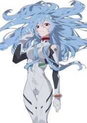 Rule 34 | 1girl, aoi (altea0923), ayanami rei, blue hair, bodysuit, breasts, commentary request, cowboy shot, crossed bangs, evangelion: 3.0+1.0 thrice upon a time, hair between eyes, hair ornament, hand up, highres, interface headset, long hair, looking at viewer, looking down, medium breasts, mixed-language commentary, neon genesis evangelion, open mouth, plugsuit, rebuild of evangelion, red eyes, simple background, solo, white background, white bodysuit