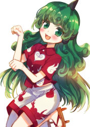 Rule 34 | 1girl, :3, blush, curly hair, green eyes, green hair, horns, kirisita, komano aunn, long hair, looking at viewer, one-hour drawing challenge, open mouth, sandals, shorts, single horn, smile, solo, touhou