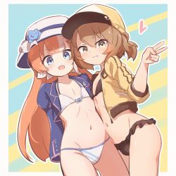 Rule 34 | 2girls, akikawa yayoi (umamusume), arms behind back, bikini, blue eyes, blush, brown eyes, brown hair, collarbone, commentary, commentary request, flat chest, hair between eyes, hair ornament, hat, heart, highres, long hair, looking at viewer, multiple girls, navel, open mouth, orange hair, rotasu (rotasqqfv), satake mei, striped, striped background, swimsuit, umamusume, v