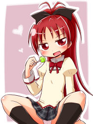 Rule 34 | 1girl, :d, antenna hair, black ribbon, black skirt, black socks, blush, bow, candy, commentary request, fang, feet out of frame, food, hair ribbon, hand up, holding, holding candy, holding food, holding lollipop, juliet sleeves, kneehighs, lollipop, long hair, long sleeves, looking at viewer, mahou shoujo madoka magica, naga u, open mouth, outline, panties, pleated skirt, ponytail, puffy sleeves, purple background, red bow, red eyes, red hair, ribbon, sakura kyoko, shirt, skirt, smile, socks, solo, two-tone background, underwear, very long hair, white background, white outline, white panties, white shirt