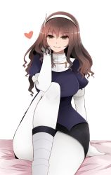 Rule 34 | 10s, 1girl, arano oki, ashigara (kancolle), blush, brown eyes, brown hair, convenient leg, curvy, elbow gloves, gloves, hairband, hand in own hair, heart, highres, kantai collection, leg up, long hair, looking at viewer, pantyhose, puffy short sleeves, puffy sleeves, shirt, short sleeves, simple background, sitting, skirt, smile, solo, white gloves, white pantyhose, wide hips