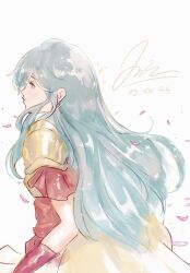 1girl blue_eyes blue_hair cape commentary dated earrings eirika_(fire_emblem) falling_petals fire_emblem fire_emblem:_the_sacred_stones highres jewelry long_hair melia_art nintendo petals profile signature solo