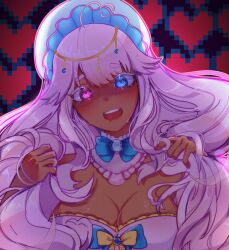 Rule 34 | 1girl, absurdres, blue eyes, breasts, cleavage, colored eyelashes, dark, dark-skinned female, dark skin, fangs, heart, heart-shaped pupils, heart background, hetero, highres, jellyfish, jellyfish girl, large breasts, louizamerachi, lullaby lolita, medium breasts, open mouth, pink eyes, pink hair, purple background, shadow, solo, source request, sweat, symbol-shaped pupils, teeth, yandere