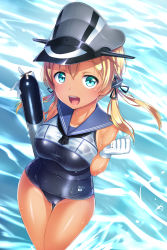 Rule 34 | 1girl, :d, blonde hair, breasts, cosplay, dark-skinned female, dark skin, hat, highres, kantai collection, large breasts, long hair, looking at viewer, one-piece swimsuit, open mouth, prinz eugen (kancolle), ro-500 (kancolle), ro-500 (kancolle) (cosplay), satou kuuki, school swimsuit, shiny clothes, smile, solo, swimsuit, tan, tanline, torpedo, twintails, water, wet