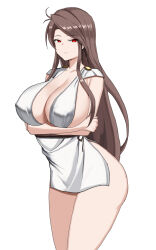 Rule 34 | 1girl, ainmqa35, alternate costume, arms under breasts, breasts, brown hair, cleavage, commission, dress, expressionless, fire emblem, fire emblem: mystery of the emblem, fire emblem: new mystery of the emblem, highres, huge breasts, long hair, looking at viewer, mature female, nintendo, pixiv commission, red eyes, sheena (fire emblem), side slit, sideboob, solo, thighs, toga, very long hair, white background
