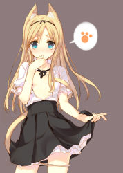 Rule 34 | 1girl, animal ears, blonde hair, blue eyes, blush, breasts, cat ears, cat tail, collarbone, hair ribbon, long hair, looking at viewer, open clothes, open shirt, original, panties, panty pull, paw print, petite, revision, ribbon, shirt, short sleeves, simple background, skirt, small breasts, solo, tail, tatami to hinoki, tears, underwear