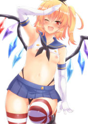 Rule 34 | 1girl, bad id, bad pixiv id, black neckerchief, black panties, blonde hair, blush, breasts, cosplay, crop top, crossover, demekyon, elbow gloves, fang, flandre scarlet, gloves, kantai collection, midriff, miniskirt, navel, neckerchief, nipples, one eye closed, panties, partially visible vulva, salute, school uniform, serafuku, shimakaze (kancolle), shimakaze (kancolle) (cosplay), side ponytail, skirt, small breasts, smile, solo, striped clothes, striped thighhighs, thighhighs, touhou, underwear, white gloves, wings